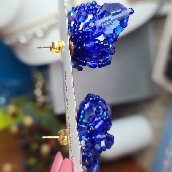 Vintage handmade beaded earrings  blue white black color bundle of 2 - Picture 8 of 11